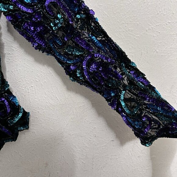 Sequin Top Black Blue Green Laurence Kazar Glam Evening New York Vintage Size L - Picture 3 of 11